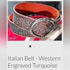 Italian Western Embossed Leather Belt - Brown and Blue